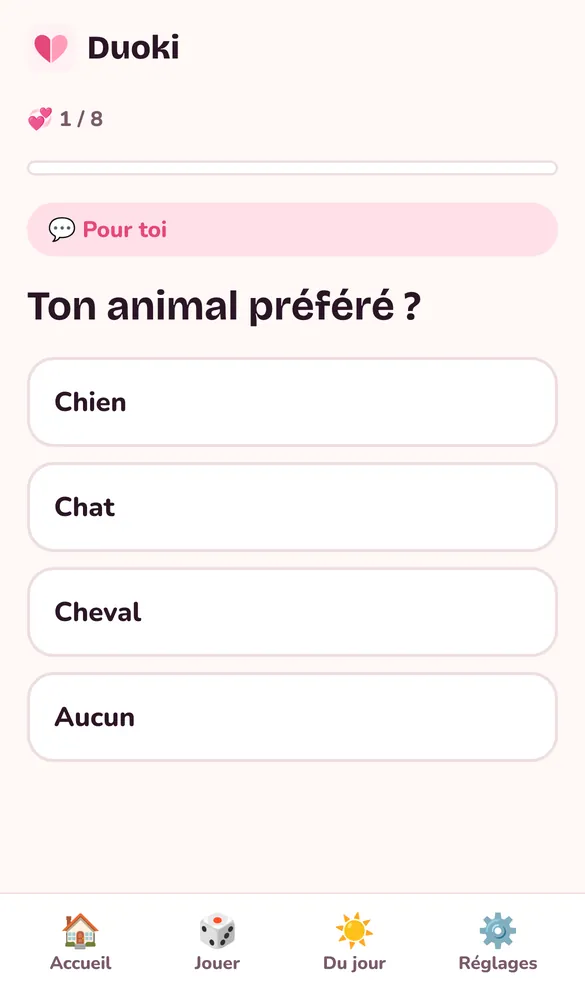 Écran d'une question : Ton animal préféré ?